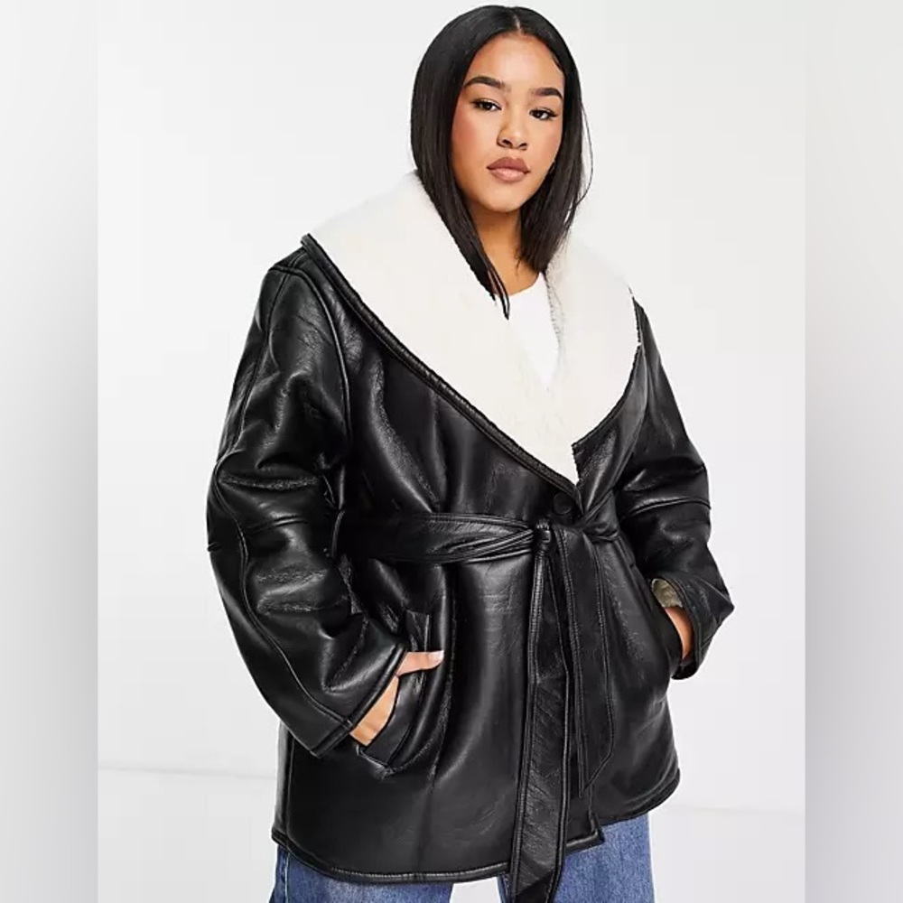 Asos Collared Shearling Belted Jacket - image 3